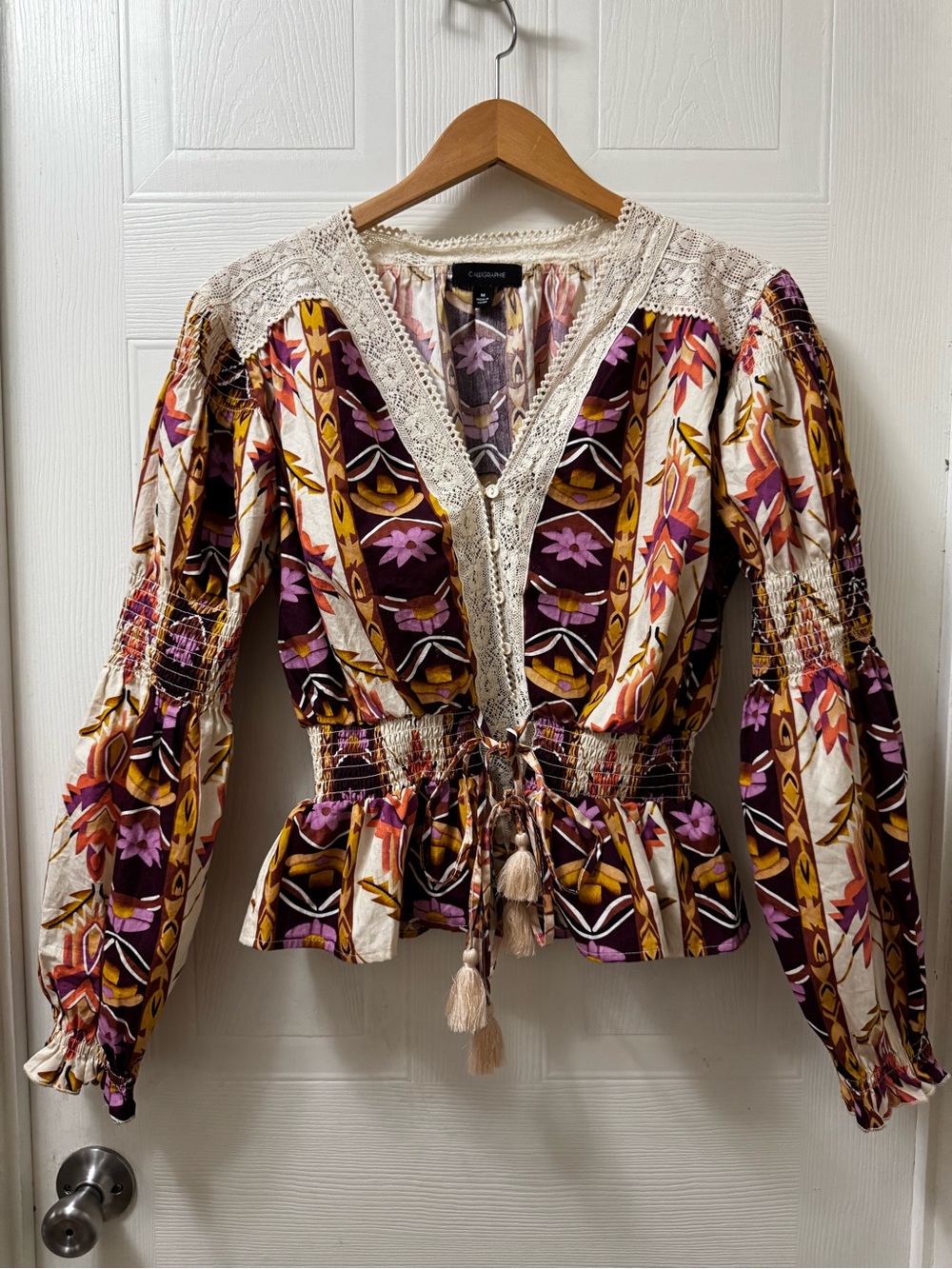 Carnivalista Purple & Cream Floral Lace-Trimmed Peasant Blouse